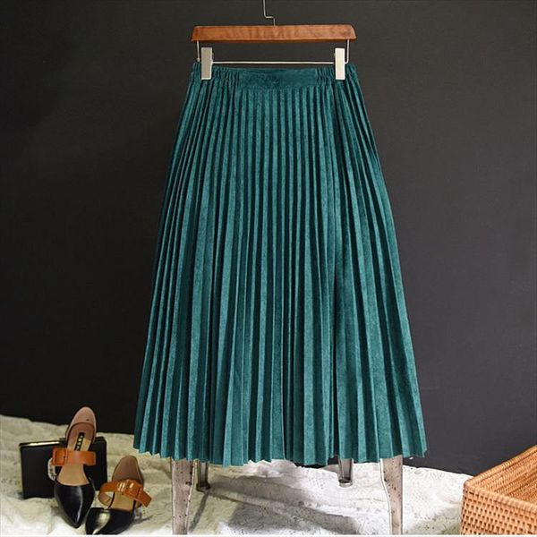 

2019 two layer spring women suede skirt pink long pleated skirts womens saias midi faldas vintage women midi skirt, Black