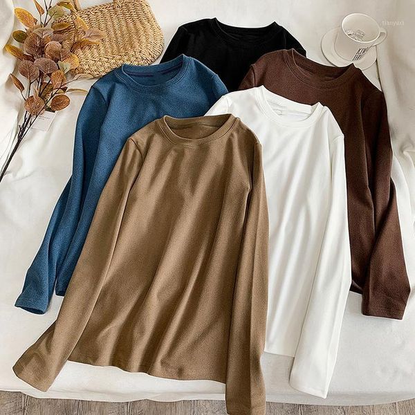 

women basic with o-neck solid color long sleeve cotton shirts femme casual thick, White