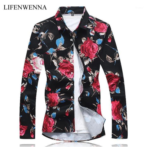

7xl new autumn fashion men's shirt slim fit long sleeve floral shirt mens clothing trend plus size mens casual flower shirts1, White;black