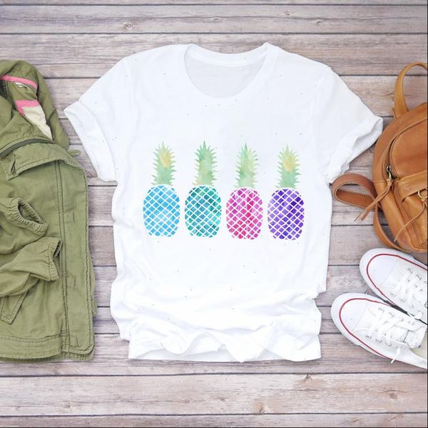 

women 2021 summer pineapple watercolor plaid print fruit camisas shirt ladies womens t shirts t graphic female tee t shirt, White