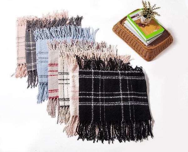 

new long flow combed acrylic loop yarn plaid bib for men and women1, Blue;gray