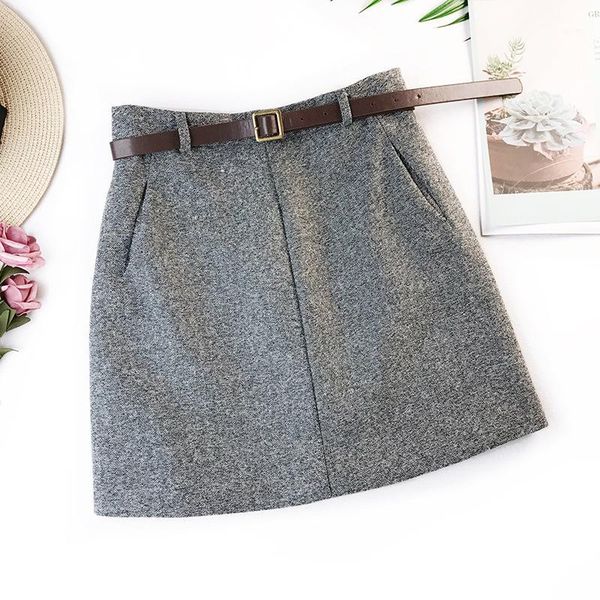 

2019 spring new arrival vintage temperament high waist a-line office skirts womens with belt woolen mini skirt, Black