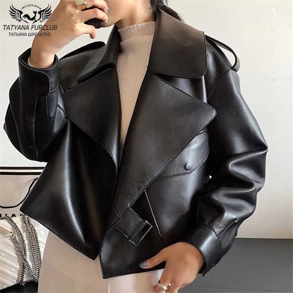 

women's fur & faux 2021 fashion women genuine sheepskin leather coat oversize motorcycle real jacket big lapel collar woman overcoats, Black