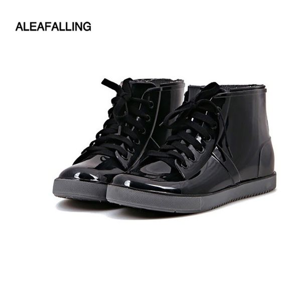 

aleafalling fashion new arrival sewing waterproof flat with shoes woman rain woman water rubber ankle boots cross-tied botas t200104, Black