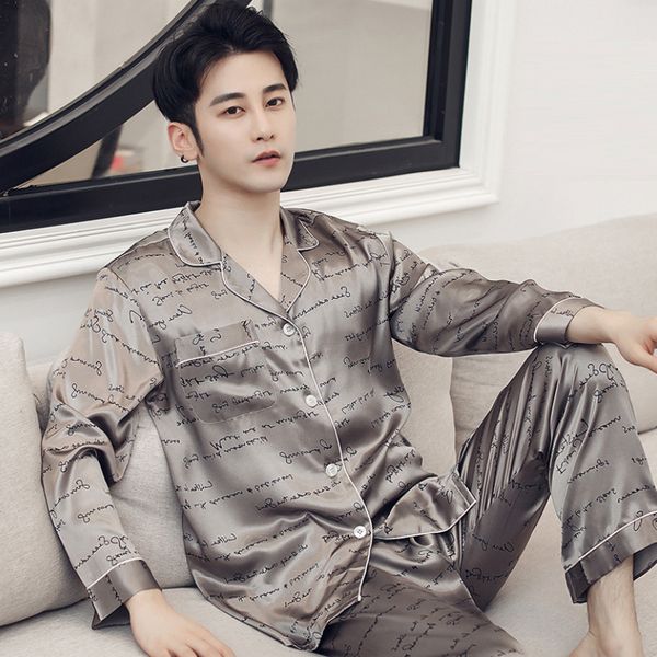 

2021 silk pyjama set men sleepwear satin pajamas unit autumn spring home suit printed lounge pants nightgown sleep clothes xxxl, Black;brown