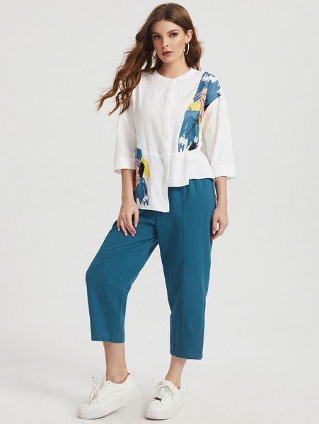 

brush print drop shoulder asymmetrical hem blouse & pants g7s9#, White
