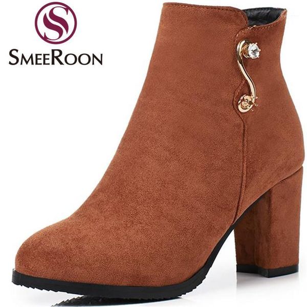 

smeeroon new arrive crystal ankle boots for women elegant warm winter boots round toe zipper high heels flock campus shoes1, Black