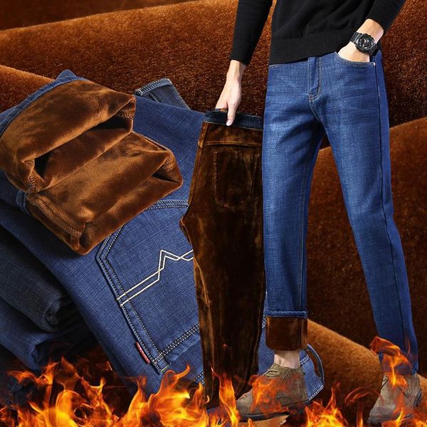 

winter men's warm jeans classic style thicken denim elastic slim fit black jean pants male brand casual business blue trousers