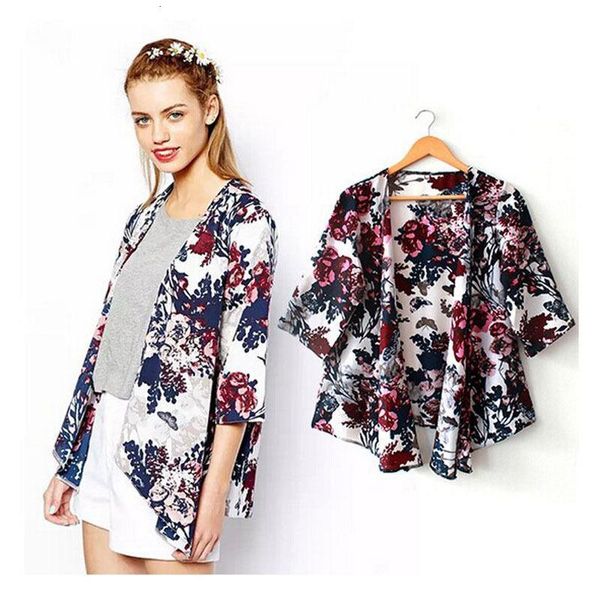 

women casual kimono cardigan ladies 2019 summer chiffon kimono loose floral printed blouse, White