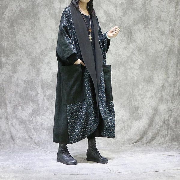 

female new beiginning spring original art retro plus size linen velvet outerwear warm trench stitching big pocket loose cardigan1, Tan;black