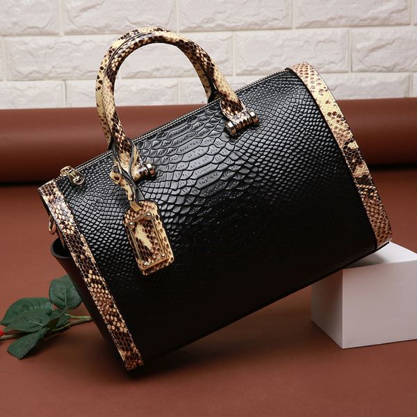 

effini luxurys handbags women boston bags portable cowhide leather snake pattern ladies tote messenger bag large shoulder crossbody bag