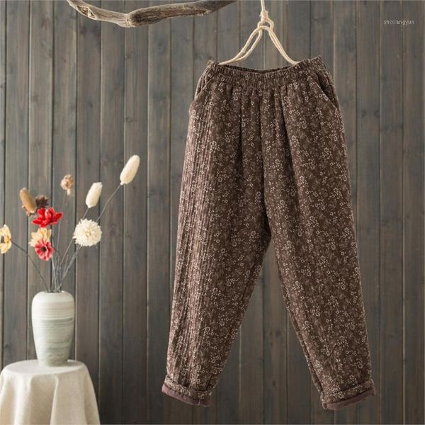 

winter women pants cotton padded 2021 new vintage floral thick cotton linen harem pants casual loose women warm trousers1, Black;white