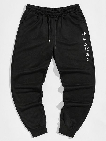 

men japanese letter graphic drawstring waist sweatpants c6fz#, Black