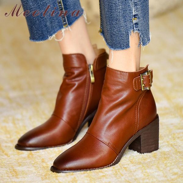 

meotina buckle genuine leather high heel ankle boots women shoes round toe zip block heels short boots ladies autumn black brown