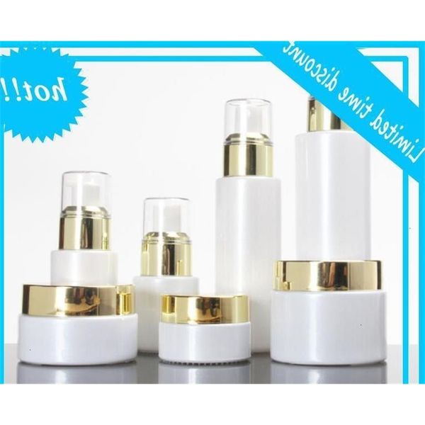 

empty 30/50g jar 20/30/100ml white glass pump lotion/spray bottle gold collear lids