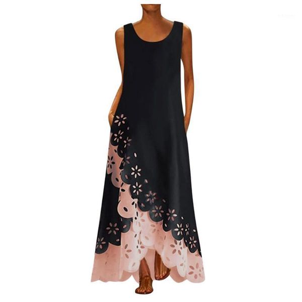 

women maxi dress sleeveless print round neck long dress bohemia beach dresses casual loose party sundress vestidos1, Black;gray