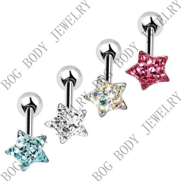 

4pcs mulity cz gem crystal ferido paved heart star shape ferido barbell epoxy 14g 5/8" steel tongue ring piercing body jewelry q bbyazb, Silver