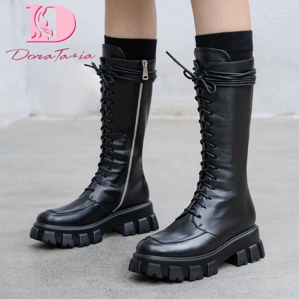 

boots doratasia big size 43 fashion 2021 brand designers genuine leather shoelaces platform chunky heels shoes women motorcycles boots1, Black