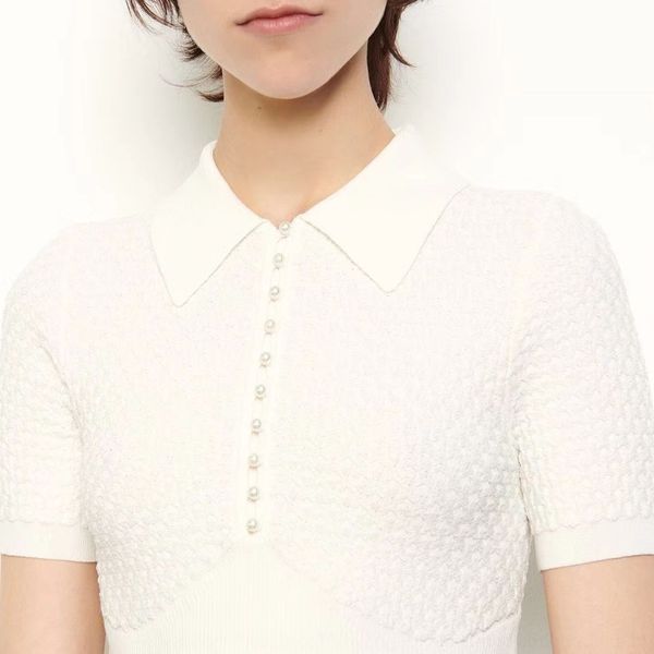 

4gzwa french and sandro short sleeve t-shirt elegant pearlpearlbutton summer tight spring versatile pearl pearland square neck women, White