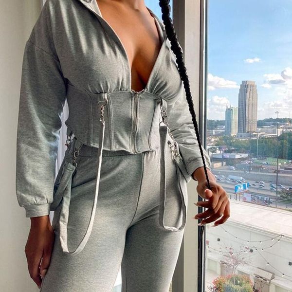 

fashion women's solid colour sets spring autumnlong sleeve deep neck bandage hooded and high-waist trousers suits, Gray