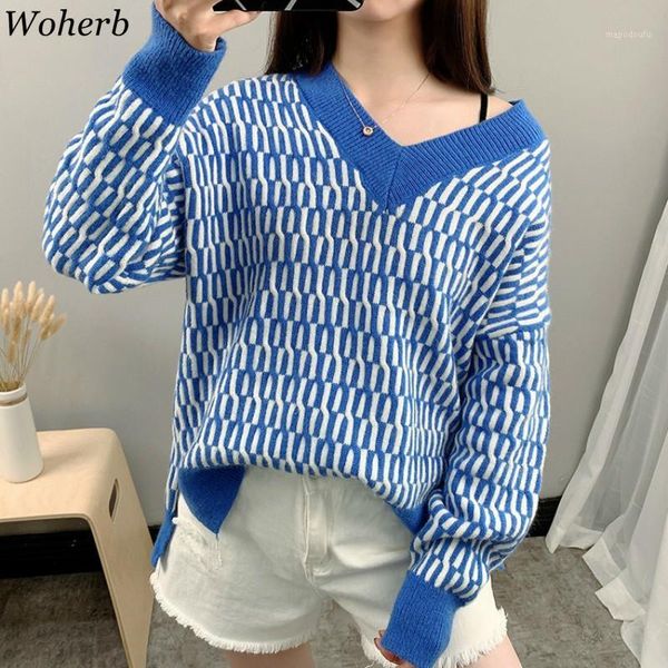 

woherb autumn winter contrast color women sweater casual long sleeve pullovers women v-neck knitted striped jumper femme1, White;black