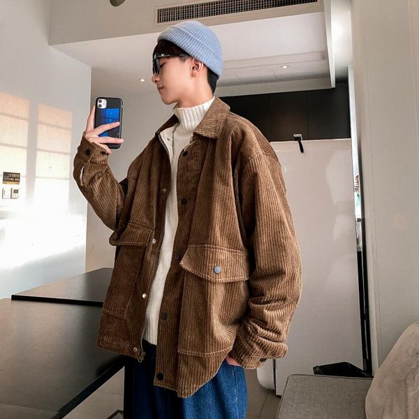 

2020 winter men's corduroy parkas snow jackets loose casual fashion plush trench coat 2-color youth cotton-padded clothes m, Black