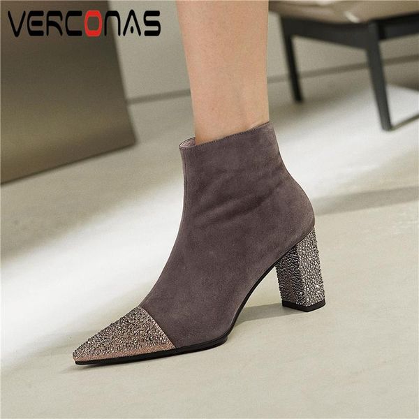 

verconas new women ankle boots autumn winter kid suede rhinestone pointed toe shoes woman side zipper thick heels short boots, Black