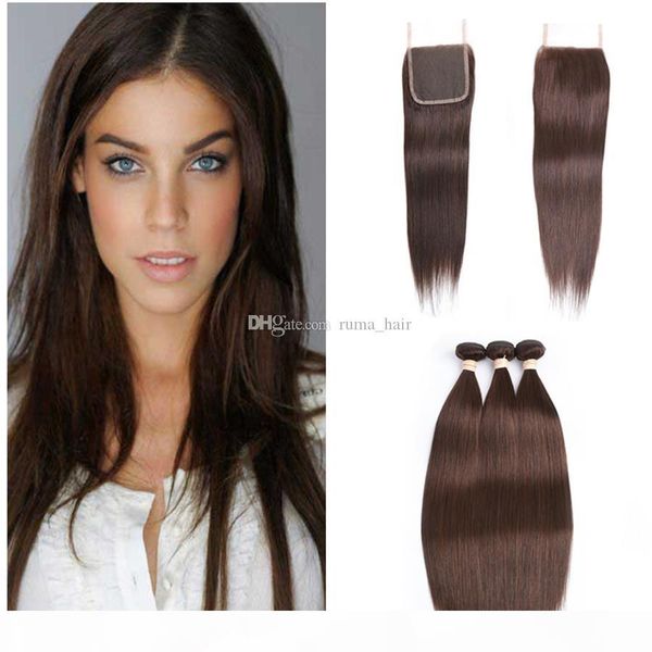 

light brown peruvian straight hair wefts with closure 4pcs lot #4 chocolate brown human hair 3bundles with 4x4 lace closure, Black;brown