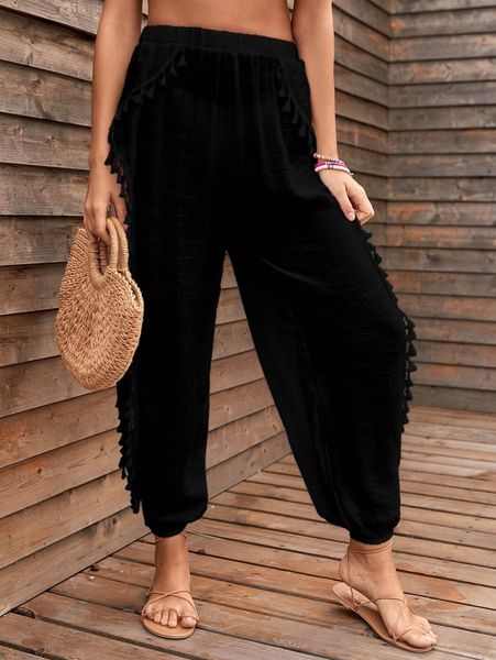 

tassel trim cover up pants 11mn#, White;black