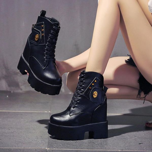 

women's mid-calf boots fashion rivet hidden heel snow boots women shoes 2020 winter warm plush leather casual ladies winter boot, Black