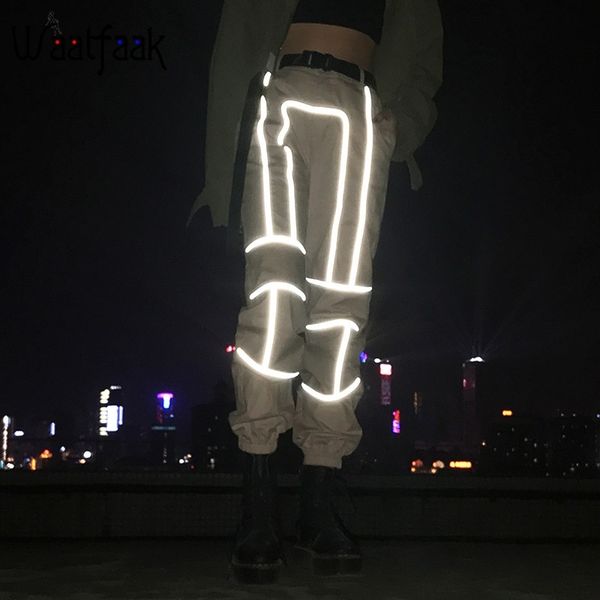 

waatfaak reflective patchwork streetwear cargo pants women casual joggers female cotton pantalon femme summer trousers loose y200418, Black;white
