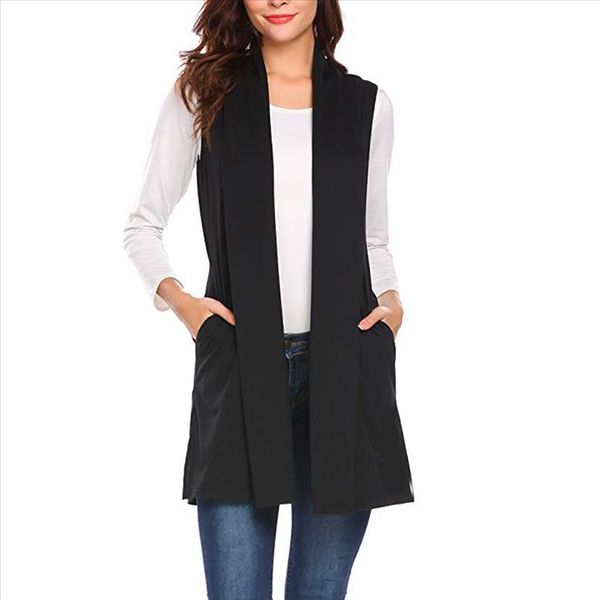 

jaycosin womens coat fashion women casual sleeveless solid cape shawl pocket draped open front cardigan long black vest coat, Black;white