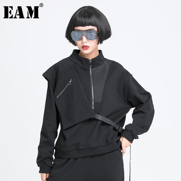 

eam] loose fit black buckle split joint sweatshirt new stand collar long sleeve women big size fashion tide spring 2020 1u146