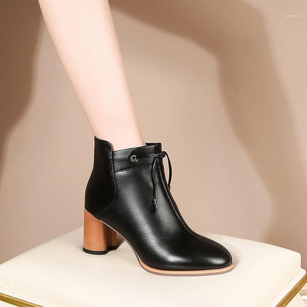 

elegant women ankle boots genuine leather side zipper thick high heels dress party shoes woman basic winter boots size 4142 431, Black