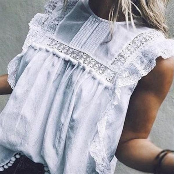 

hollow out womens lace shirt white ruffles sleeveless patchwork o neck feminine blusa blouse 2020 summer ladies shirts top