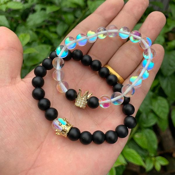 

anklets 2pcs/set king queen cz crown love couples bracelet stone white crystal moonstone beads bracelets bangle for women accessories, Red;blue