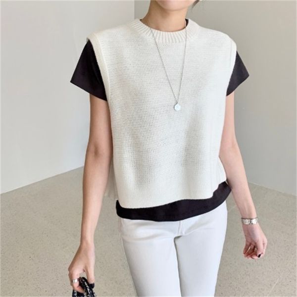 

2021 new female fashion vest oversized solid to-neck without sleeves knitting pullover split back vests autumn mesh size vob4, Black;white