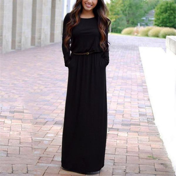

maxi dress women autumn causal solid long dresses with belt o neck pocket elegant slim full for female causal women autumn long, Black;gray