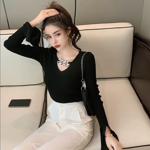 

2020 autumn new chain v-neck pullover korean knitwear slim fit split long sleeve bottoming shirt for women