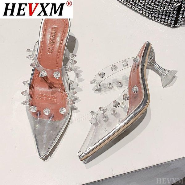 

2021 new pvc transparent crystal women slippers summer pointed toe high heels slides ladies party sandals pumps shoes, Black