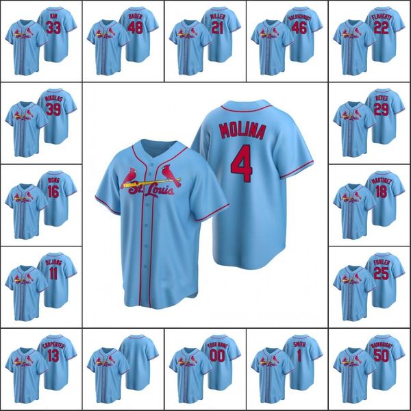 

st. louis cardin men #22 jack flaherty 1 ozzie smith 4 yadier molina customize women youth light blue replica alternate jersey, Blue;black