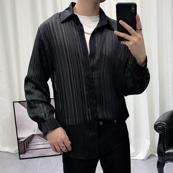 

2020 long korean of solid-colored men spring fashion club see through the shirt men's hombre dress bwvb, White;black