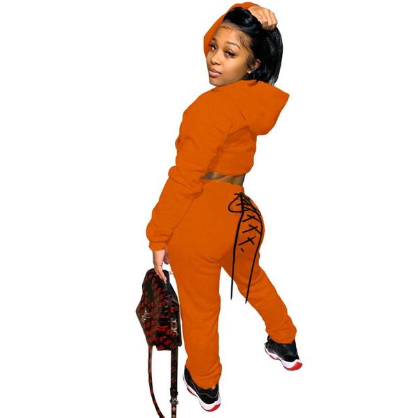 

streetwear solid sweatsuit women's set mini hoodies lace up back pants set active tracksuit two piece fitness outfit rh956, Gray