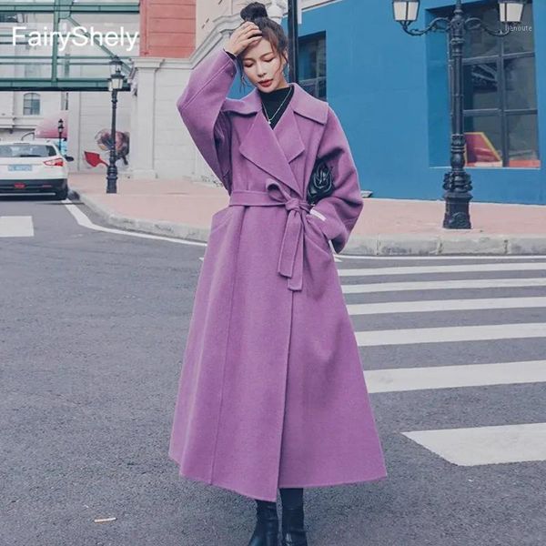 

fairyshely vintage woolen coat 2020 women autumn winter new plus size female long section coat office lady belt elegant 2xl1, Black