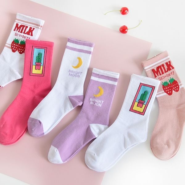 

women's japanese cotton colorful cartoon cute funny happy kawaii moon strawberry cactus socks for girl christmas gift