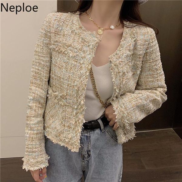 

women's jackets neploe small fragrance o neck patchwork jacket women korean tweed short veste femme elegant chaquetas mujer 2021 autumn, Black;brown
