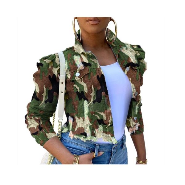 

autumn women's jacket coat tassel camouflage pocket long sleeve streetwear short women clothing casual ripped coat female, Black;brown