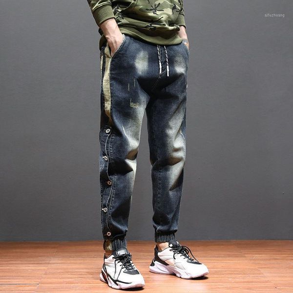 

jeans men's fashion brand spring and autumn trend loose tooling elastic waist men's personality harlan small feet pants1, Blue