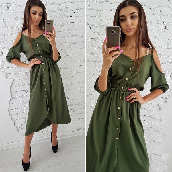 

casual dresses women vintage elegant half sleeve party dress off shoulder v-neck button midi 2021 summer fashion beach dress1, Black;gray