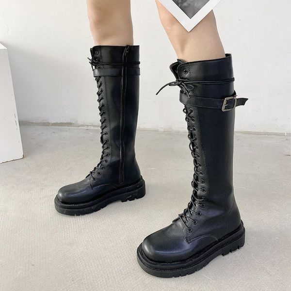 

autumn women motorcycle boots ladies pu leather knee high boots woman black shoes female soft casual brand bottom botas